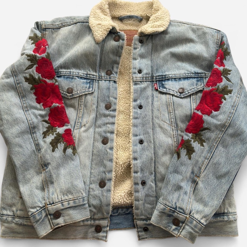 Levi's Blue Denim Jacket with Red Floral Embroidery